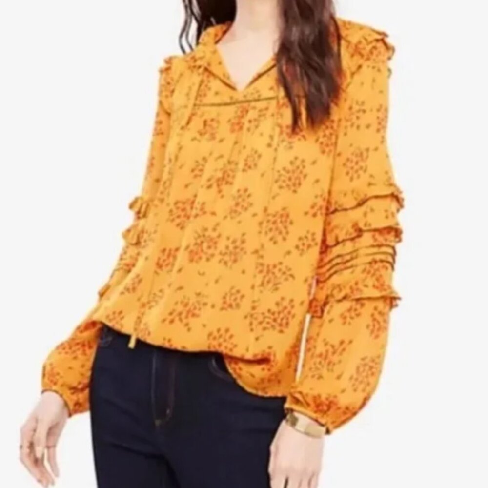 New Ann Taylor Medium Mustard Red Floral Tie Front Puff Ruffle Sleeve Blouse